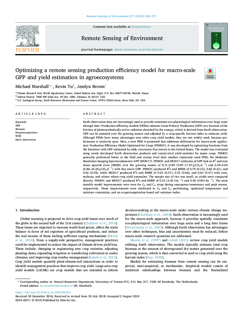 Optimizing a remote sensing production efficiency model for macro-scale GPP and yield estimation in agroecosystems