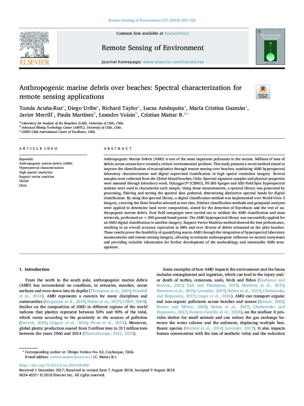 Anthropogenic marine debris over beaches: Spectral characterization for remote sensing applications