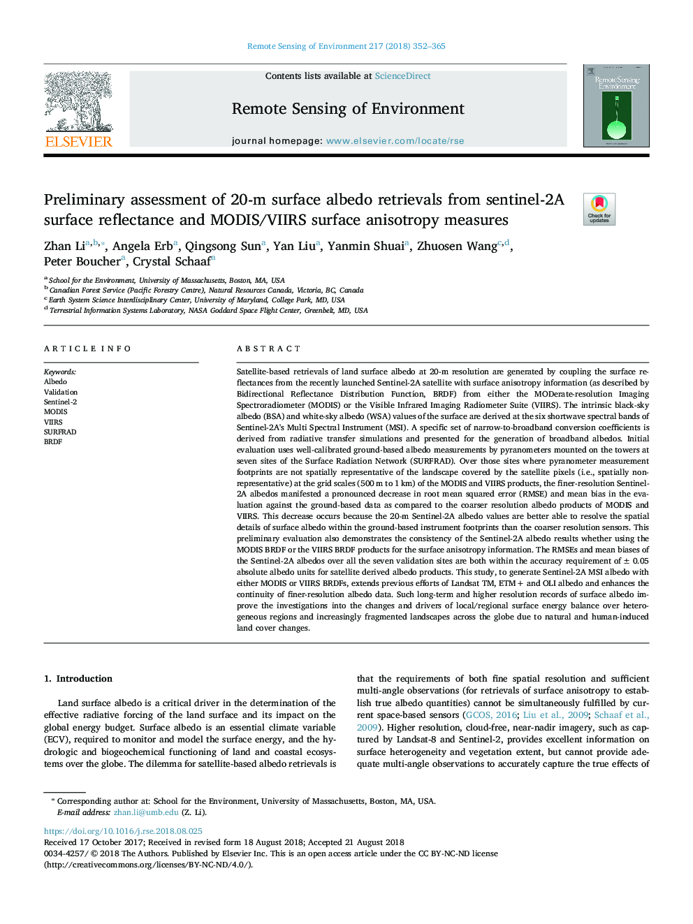 Preliminary assessment of 20-m surface albedo retrievals from sentinel-2A surface reflectance and MODIS/VIIRS surface anisotropy measures