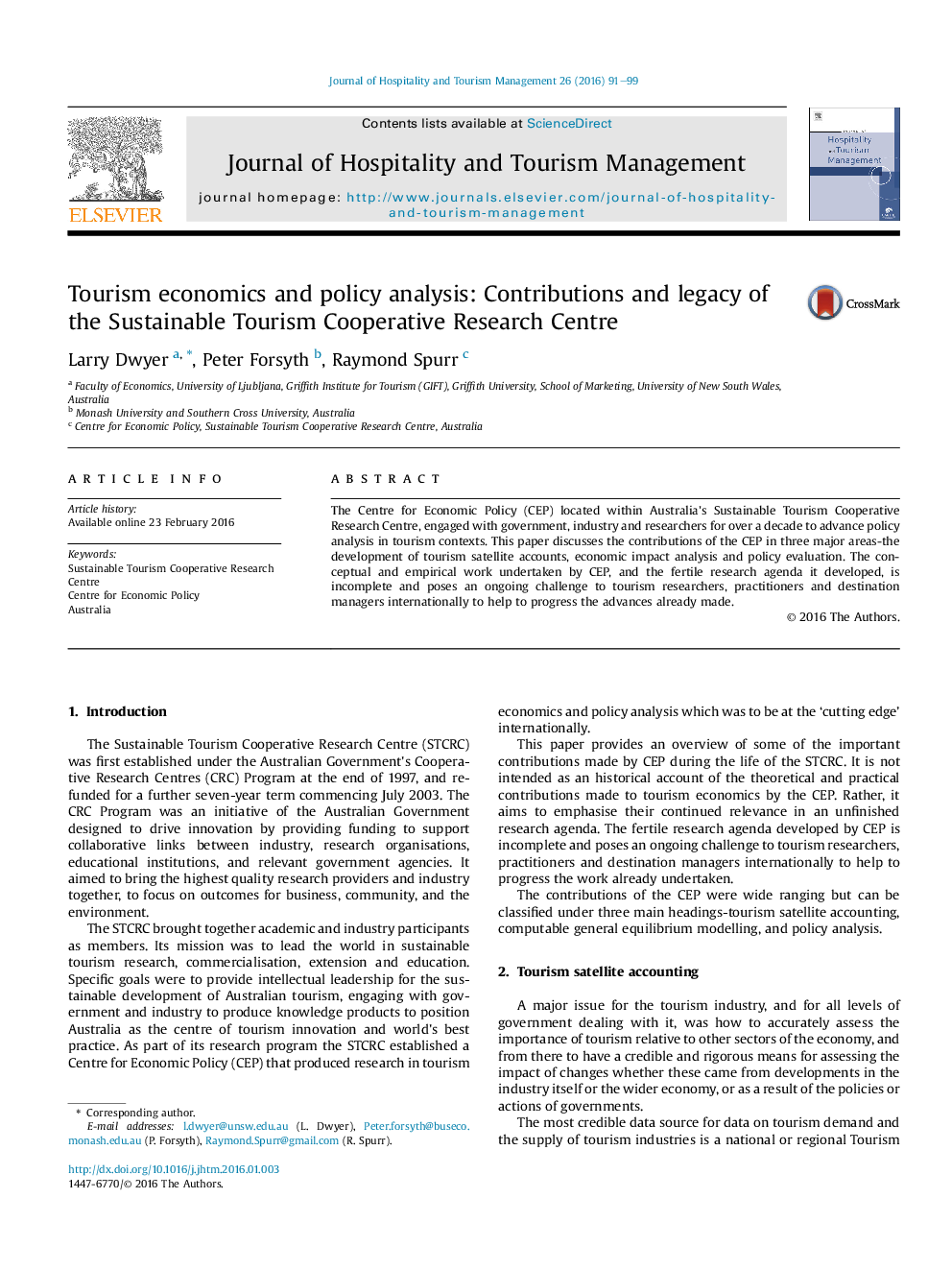 Tourism economics and policy analysis: Contributions and legacy of the Sustainable Tourism Cooperative Research Centre