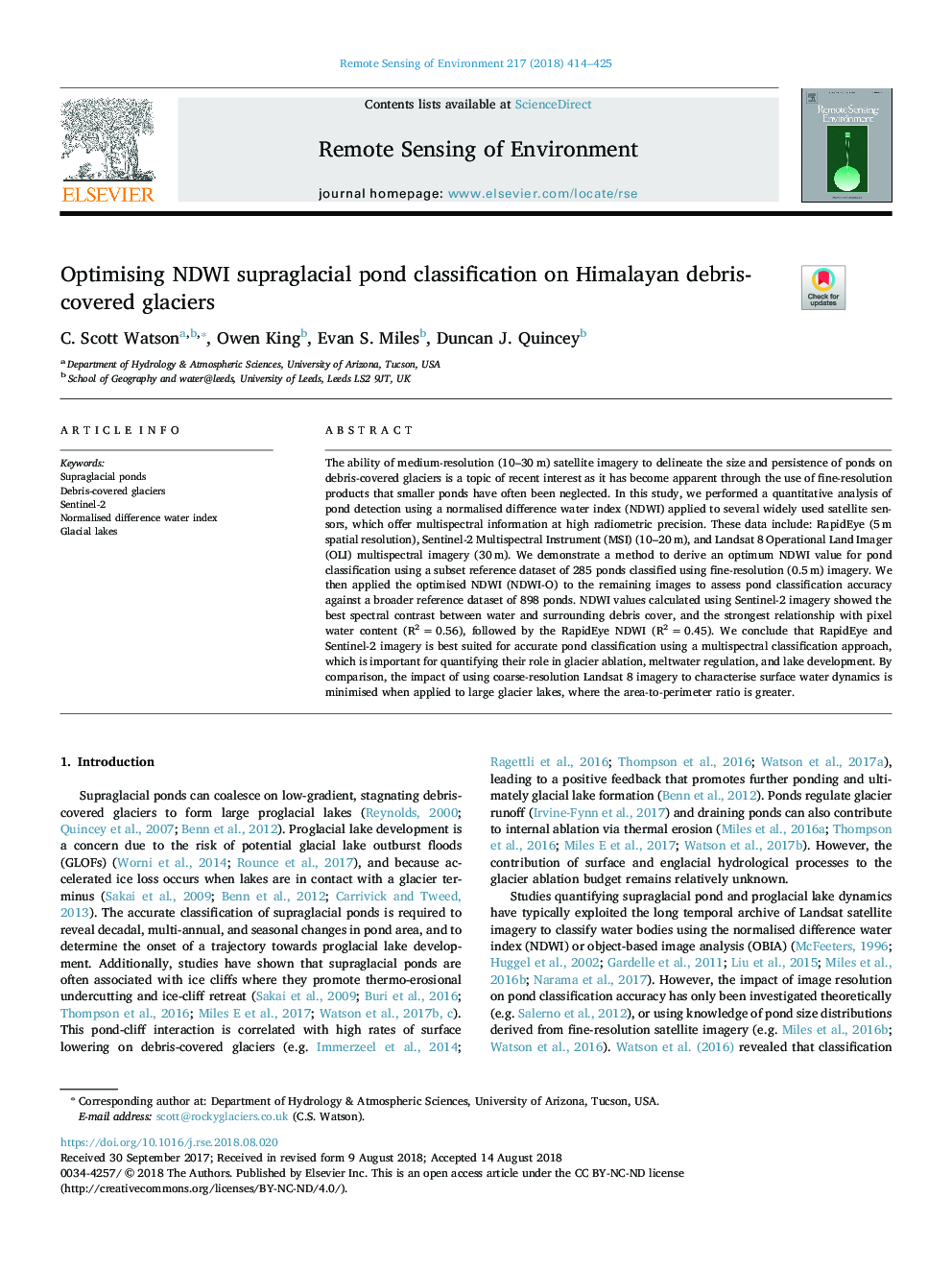 Optimising NDWI supraglacial pond classification on Himalayan debris-covered glaciers