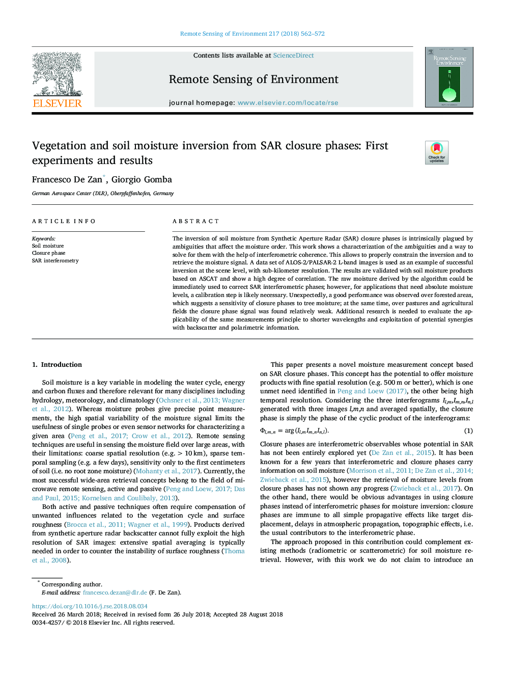 Vegetation and soil moisture inversion from SAR closure phases: First experiments and results