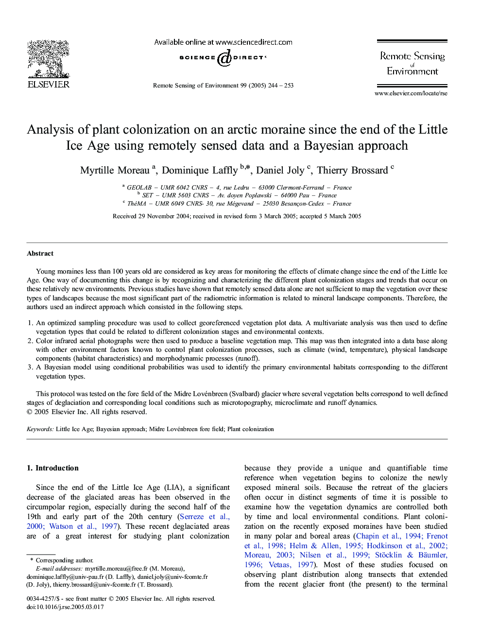 Analysis of plant colonization on an arctic moraine since the end of the Little Ice Age using remotely sensed data and a Bayesian approach