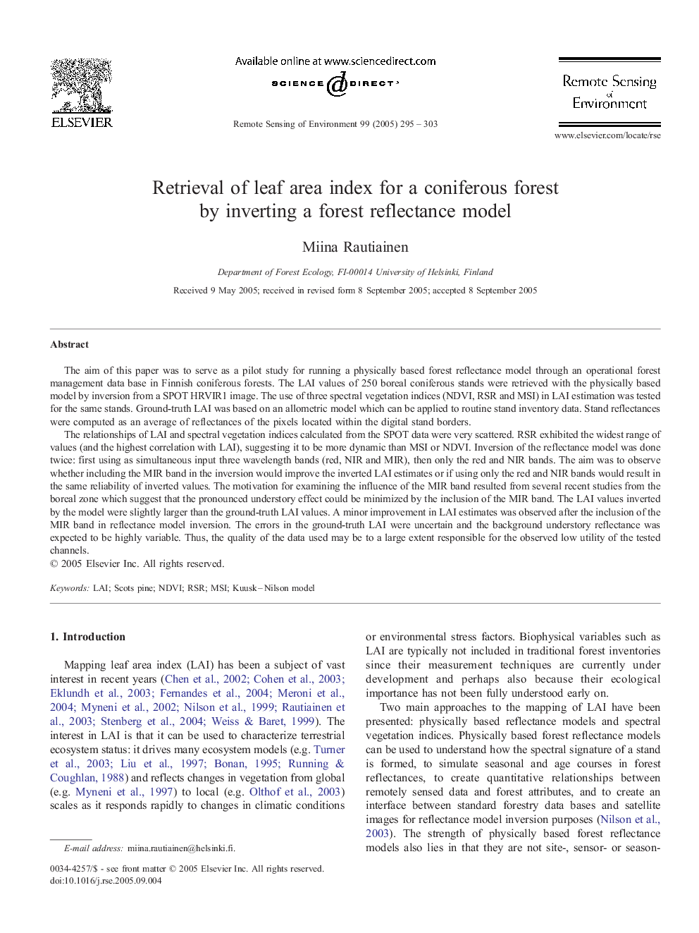 Retrieval of leaf area index for a coniferous forest by inverting a forest reflectance model