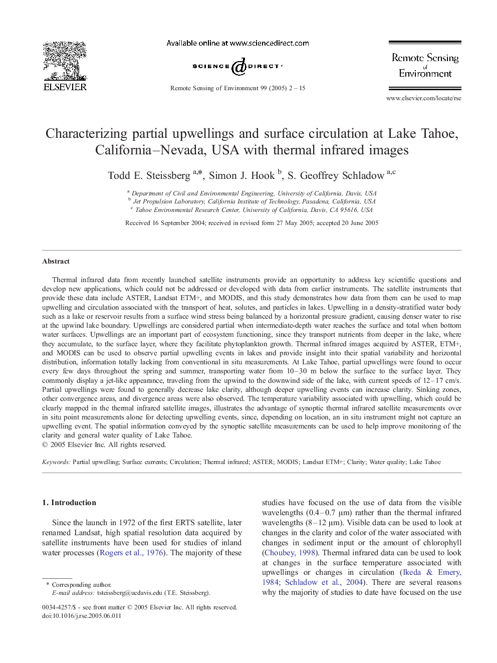 Characterizing partial upwellings and surface circulation at Lake Tahoe, California-Nevada, USA with thermal infrared images