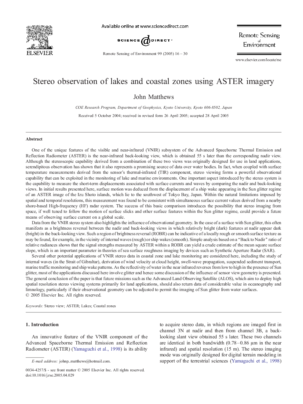 Stereo observation of lakes and coastal zones using ASTER imagery