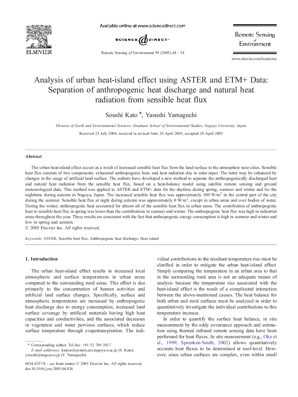 عکس صفحه اول مقاله: Analysis of urban heat-island effect using ASTER and ETM+ Data: Separation of anthropogenic heat discharge and natural heat radiation from sensible heat flux Analysis of urban heat-island effect using ASTER and ETM+ Data: Separation of anthropogenic heat discharge and natural heat radiation from sensible heat flux