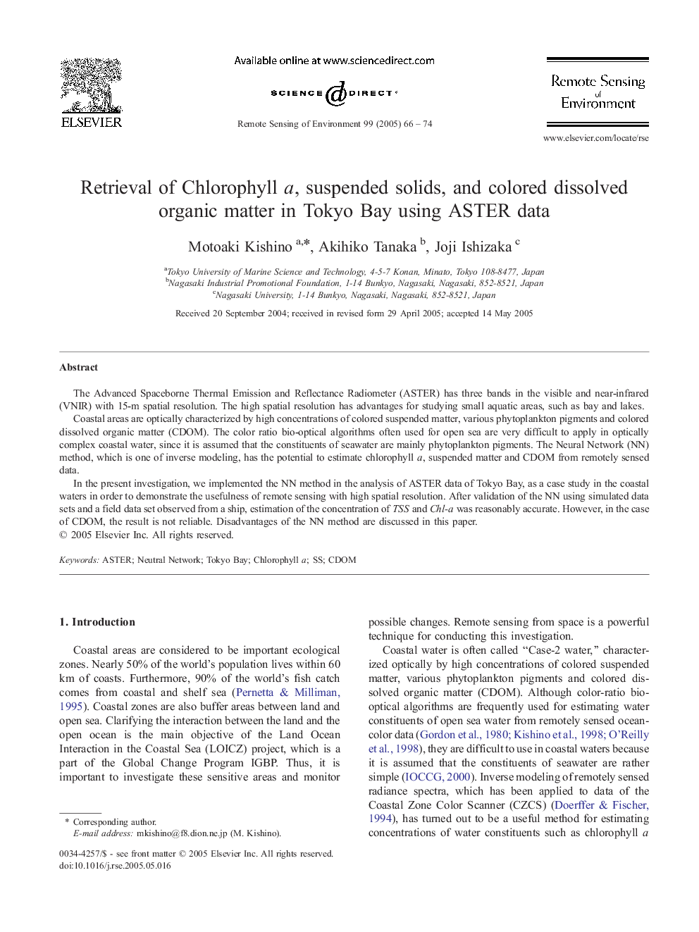 Retrieval of Chlorophyll a, suspended solids, and colored dissolved organic matter in Tokyo Bay using ASTER data