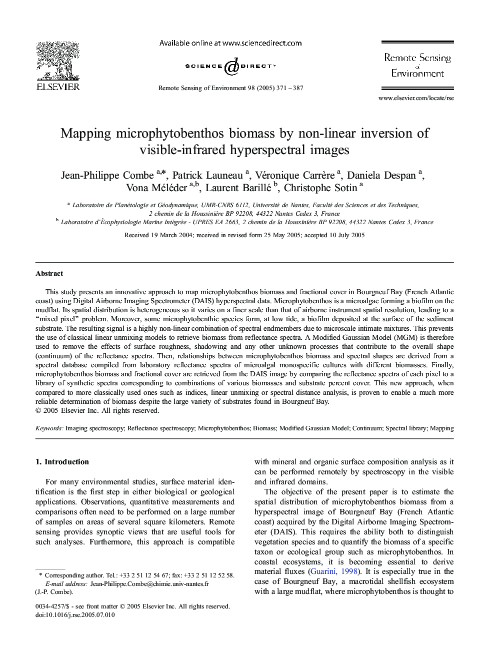 Mapping microphytobenthos biomass by non-linear inversion of visible-infrared hyperspectral images