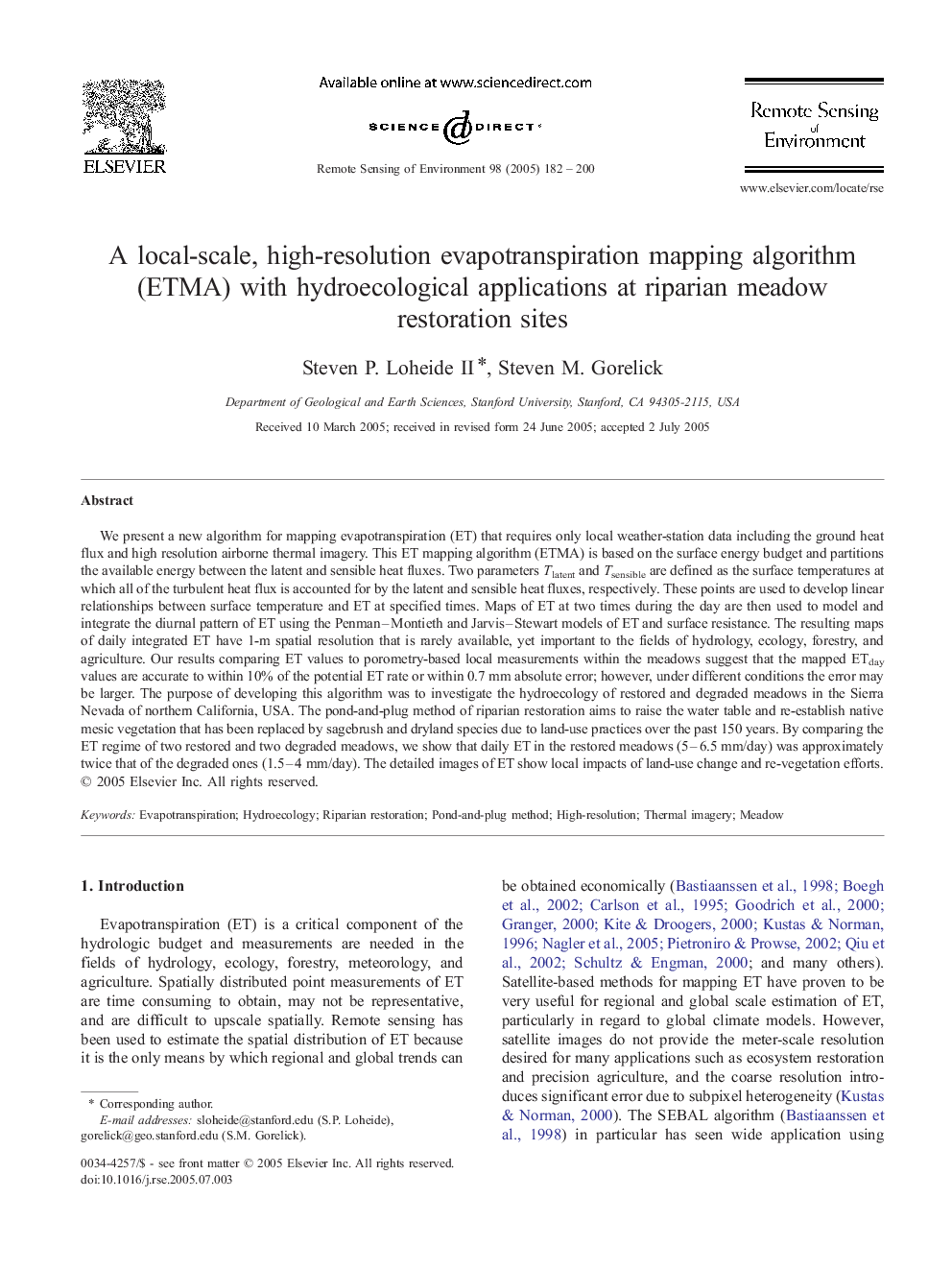 A local-scale, high-resolution evapotranspiration mapping algorithm (ETMA) with hydroecological applications at riparian meadow restoration sites