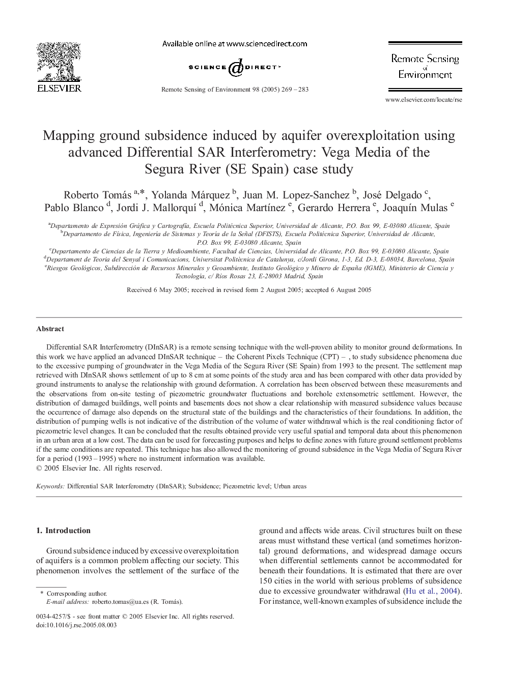 Mapping ground subsidence induced by aquifer overexploitation using advanced Differential SAR Interferometry: Vega Media of the Segura River (SE Spain) case study