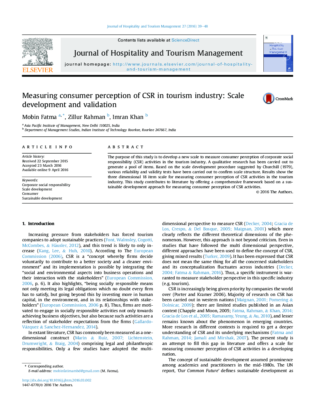 Measuring consumer perception of CSR in tourism industry: Scale development and validation