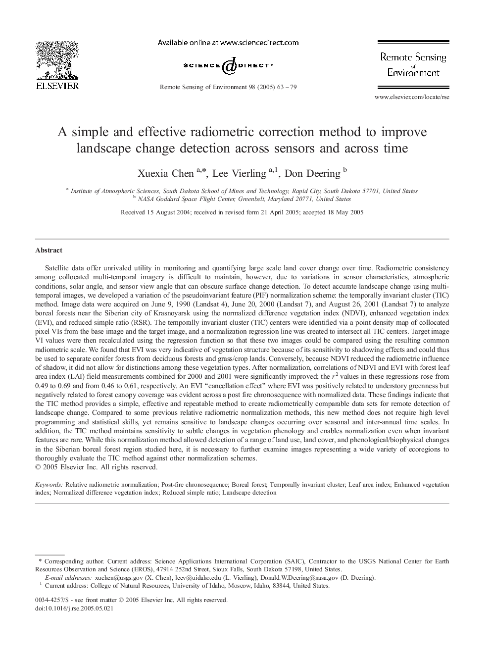 A simple and effective radiometric correction method to improve landscape change detection across sensors and across time