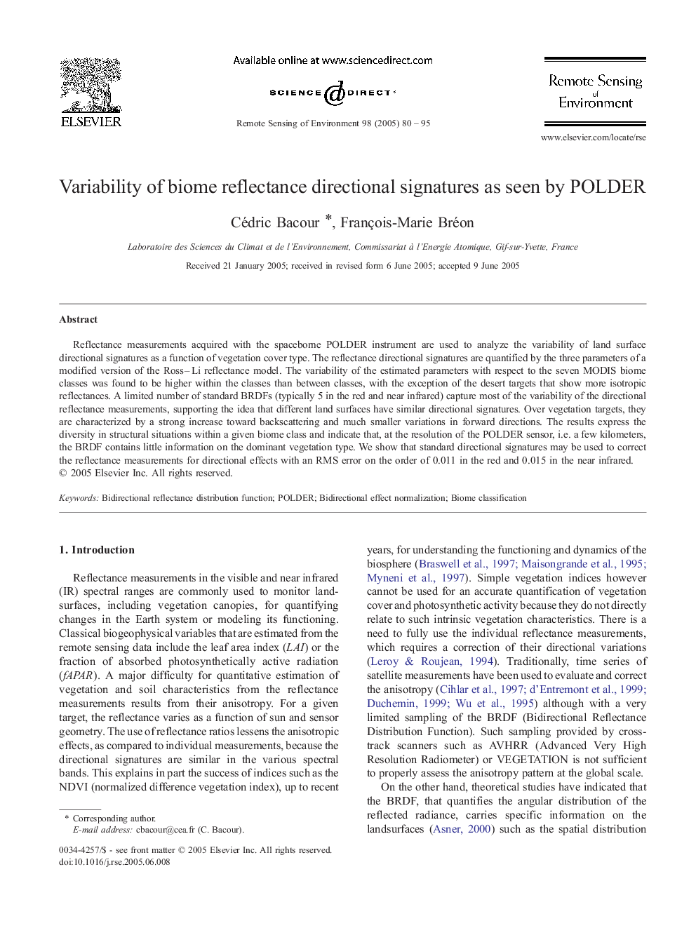 Variability of biome reflectance directional signatures as seen by POLDER