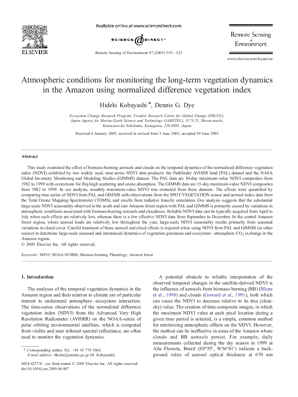 Atmospheric conditions for monitoring the long-term vegetation dynamics in the Amazon using normalized difference vegetation index