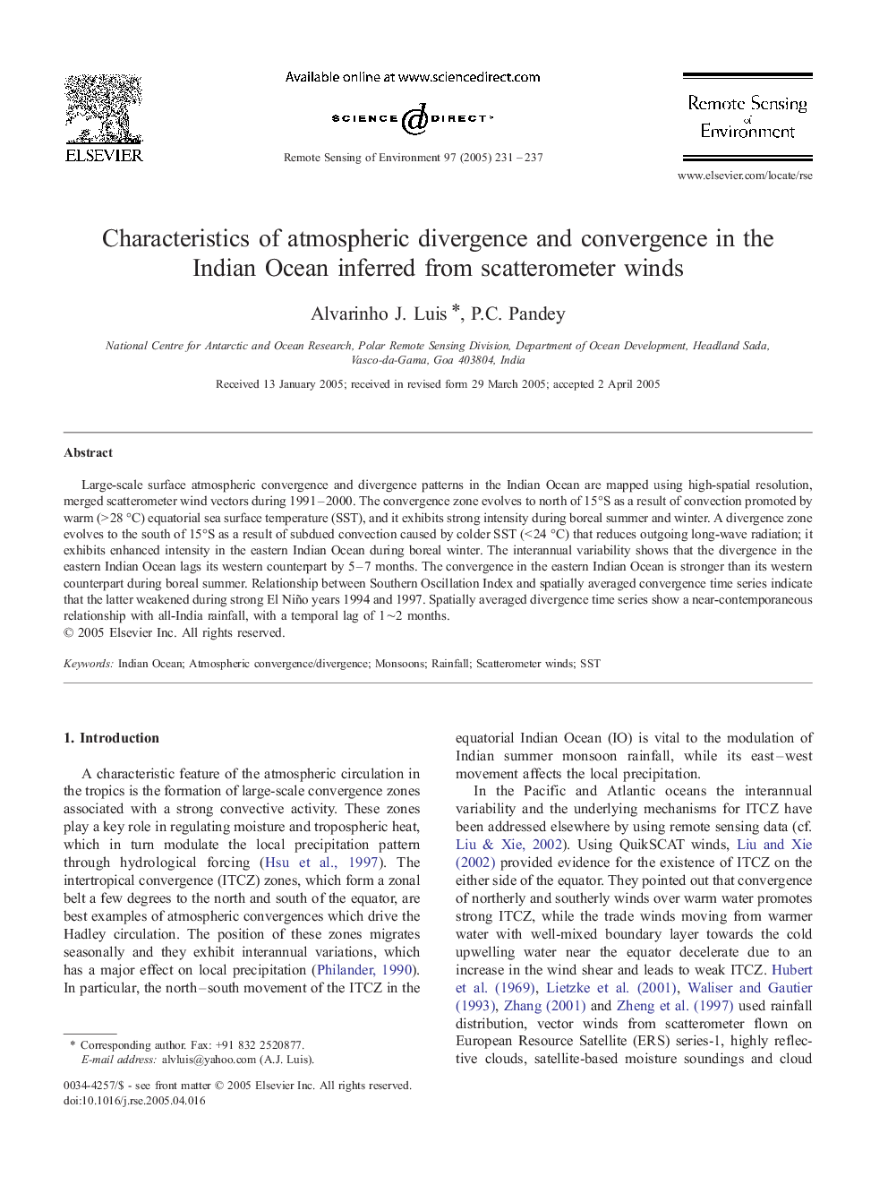 Characteristics of atmospheric divergence and convergence in the Indian Ocean inferred from scatterometer winds