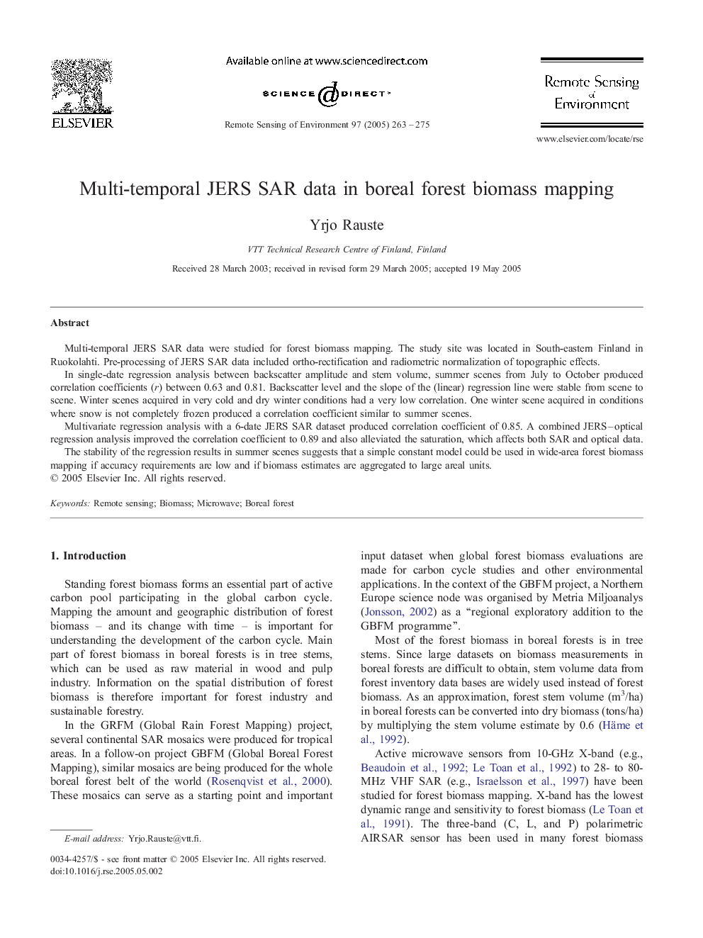 Multi-temporal JERS SAR data in boreal forest biomass mapping