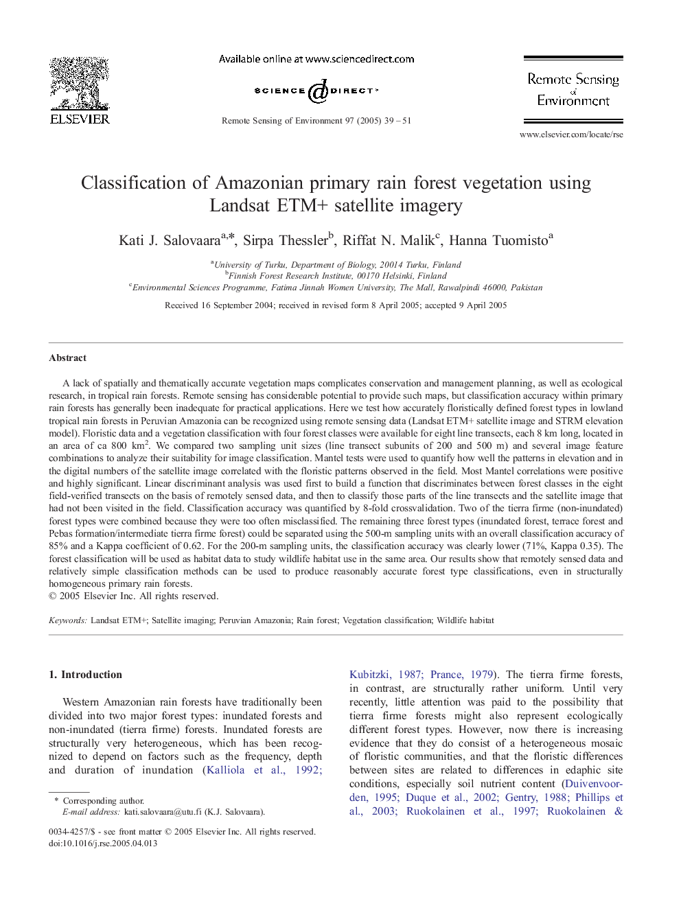 Classification of Amazonian primary rain forest vegetation using Landsat ETM+ satellite imagery