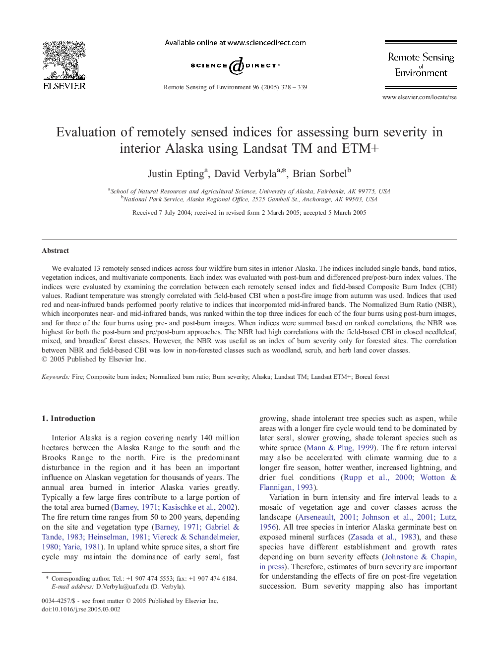 Evaluation of remotely sensed indices for assessing burn severity in interior Alaska using Landsat TM and ETM+