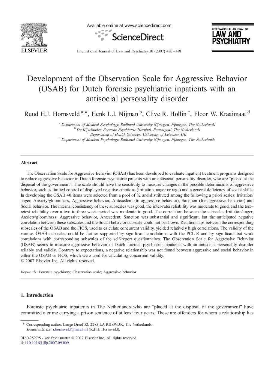 Development of the Observation Scale for Aggressive Behavior (OSAB) for Dutch forensic psychiatric inpatients with an antisocial personality disorder