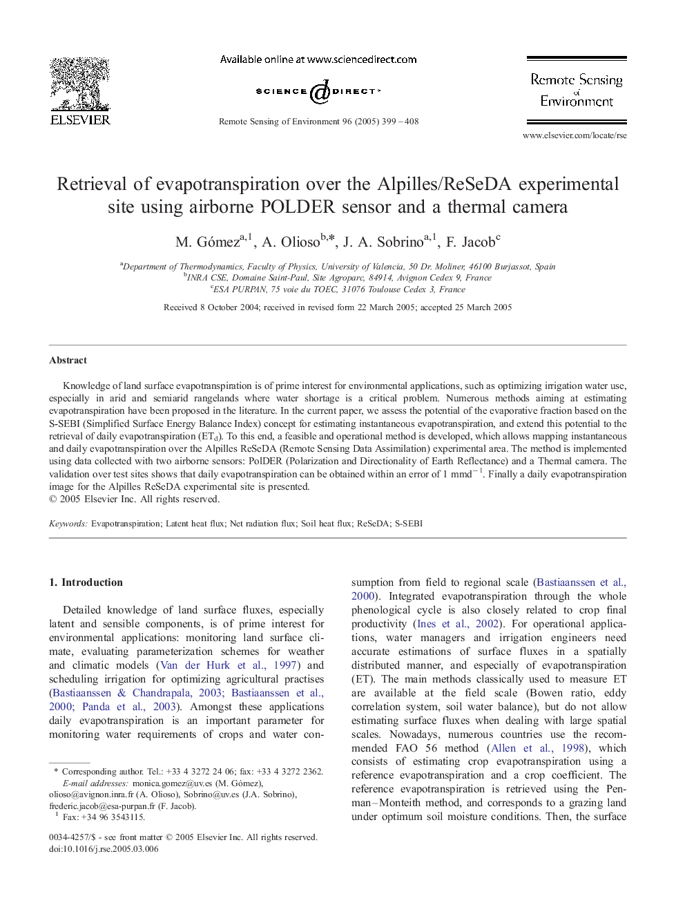 Retrieval of evapotranspiration over the Alpilles/ReSeDA experimental site using airborne POLDER sensor and a thermal camera