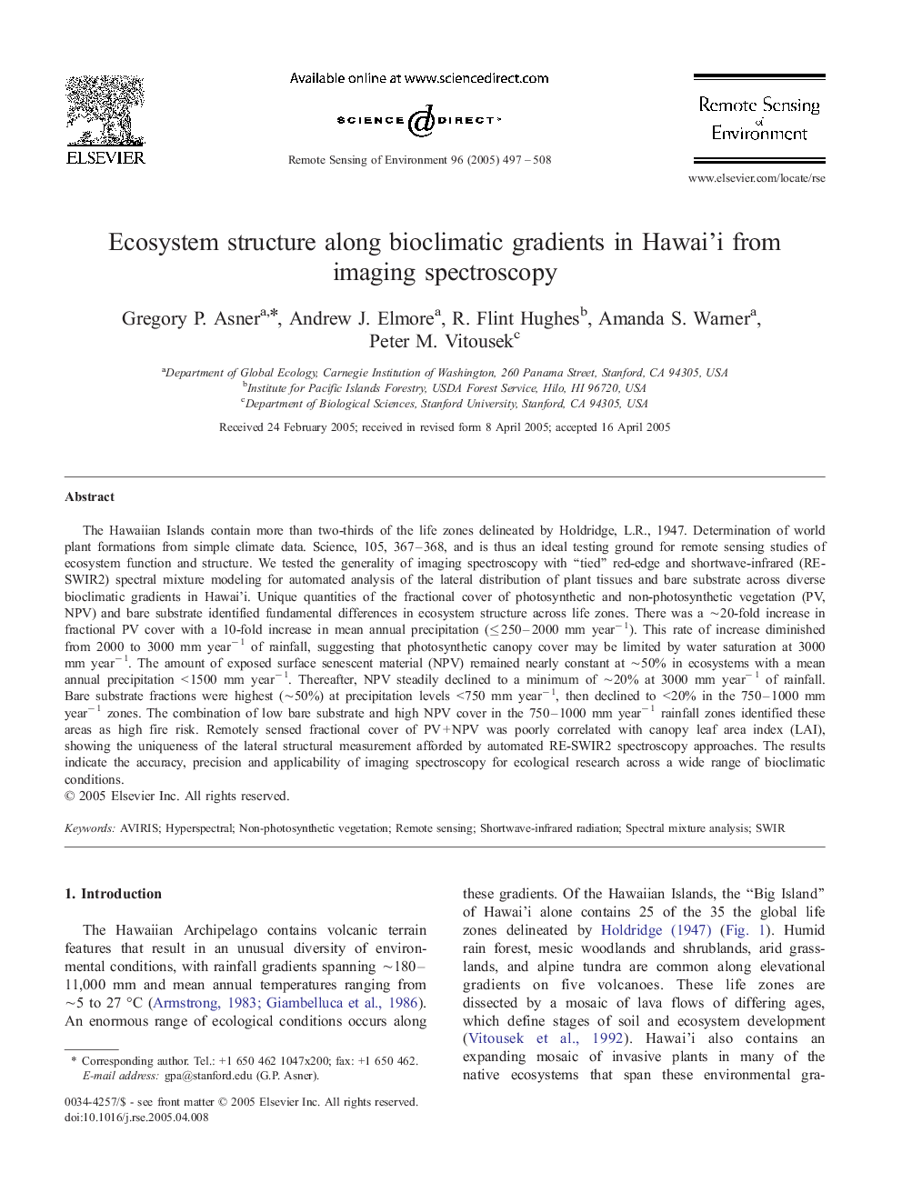 Ecosystem structure along bioclimatic gradients in Hawai'i from imaging spectroscopy