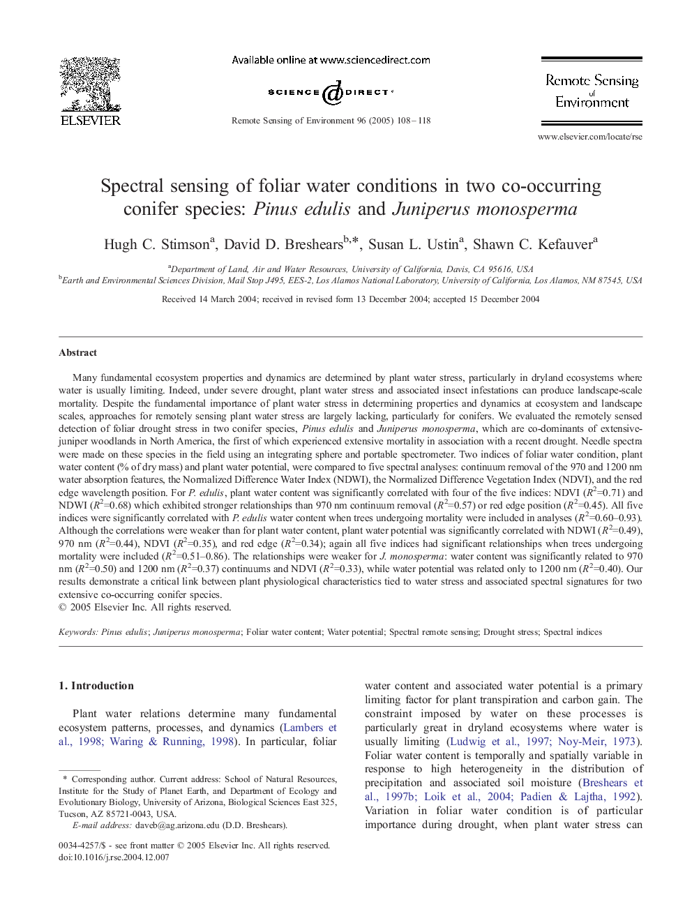 Spectral sensing of foliar water conditions in two co-occurring conifer species: Pinus edulis and Juniperus monosperma