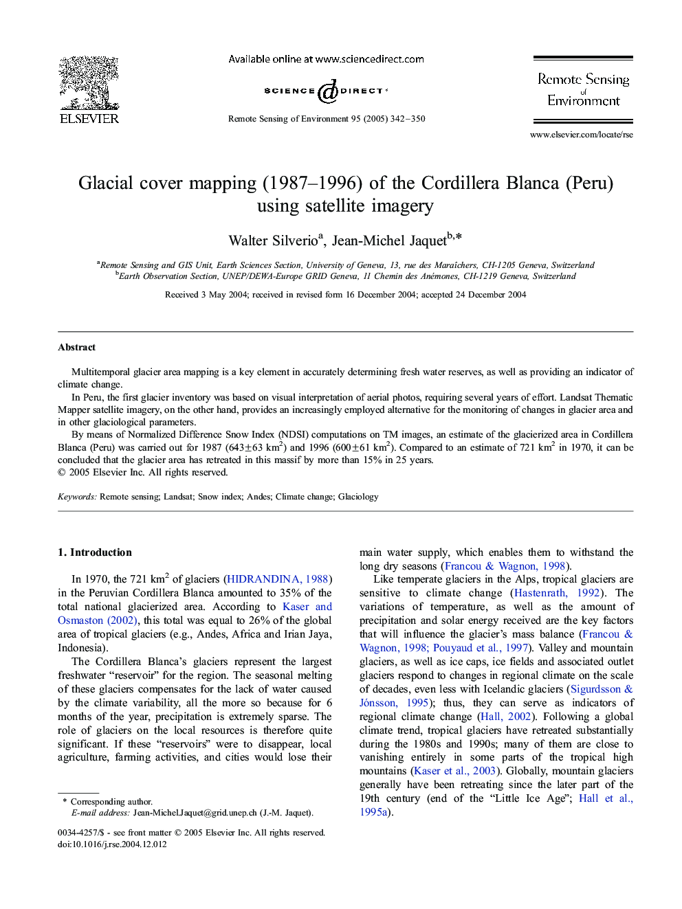 Glacial cover mapping (1987-1996) of the Cordillera Blanca (Peru) using satellite imagery