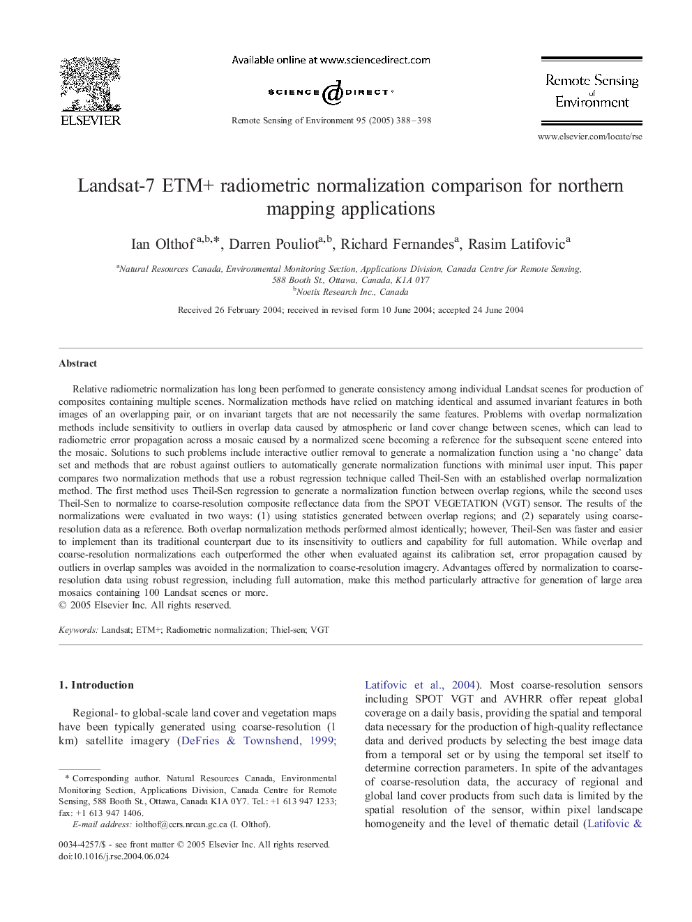 Landsat-7 ETM+ radiometric normalization comparison for northern mapping applications