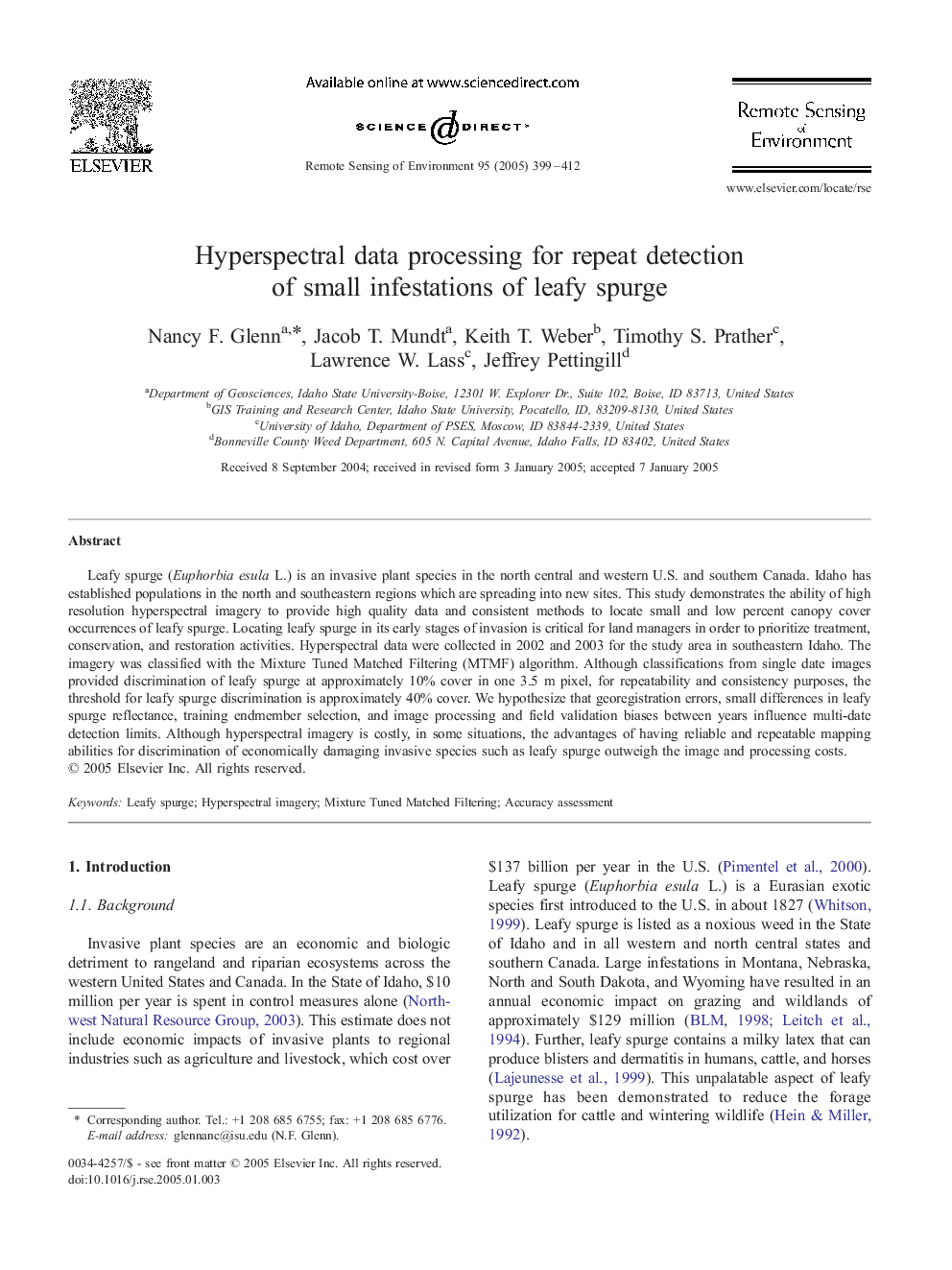 Hyperspectral data processing for repeat detection of small infestations of leafy spurge