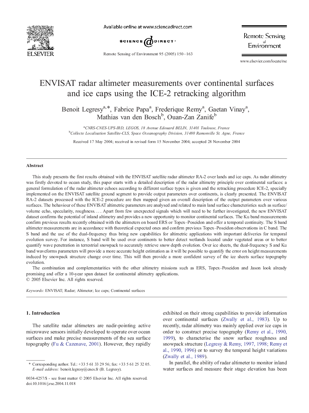 ENVISAT radar altimeter measurements over continental surfaces and ice caps using the ICE-2 retracking algorithm