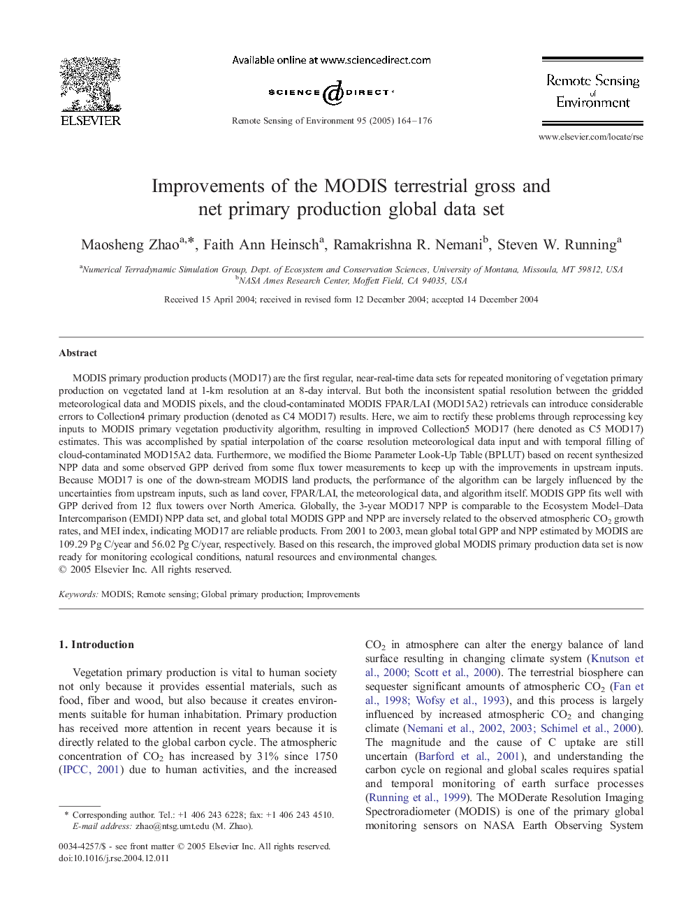 Improvements of the MODIS terrestrial gross and net primary production global data set