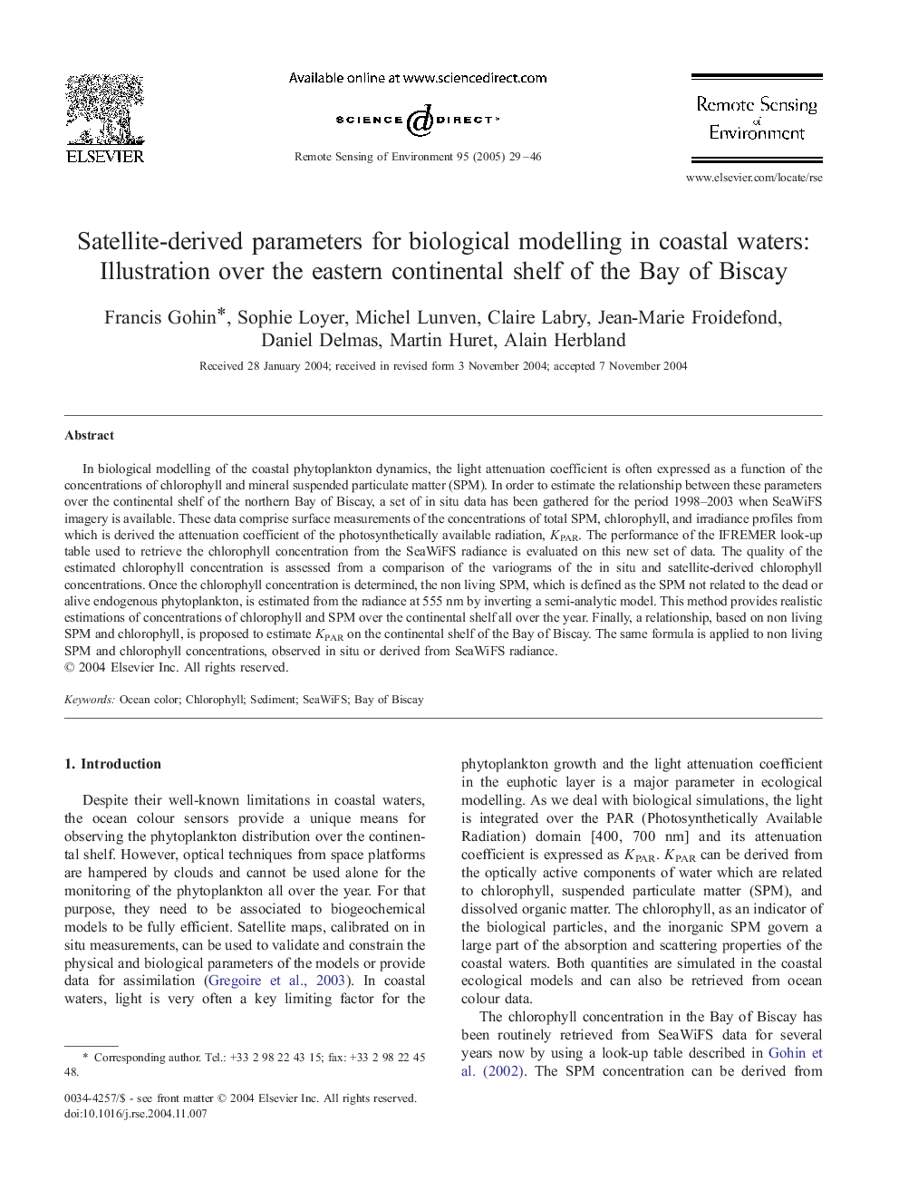 Satellite-derived parameters for biological modelling in coastal waters: Illustration over the eastern continental shelf of the Bay of Biscay