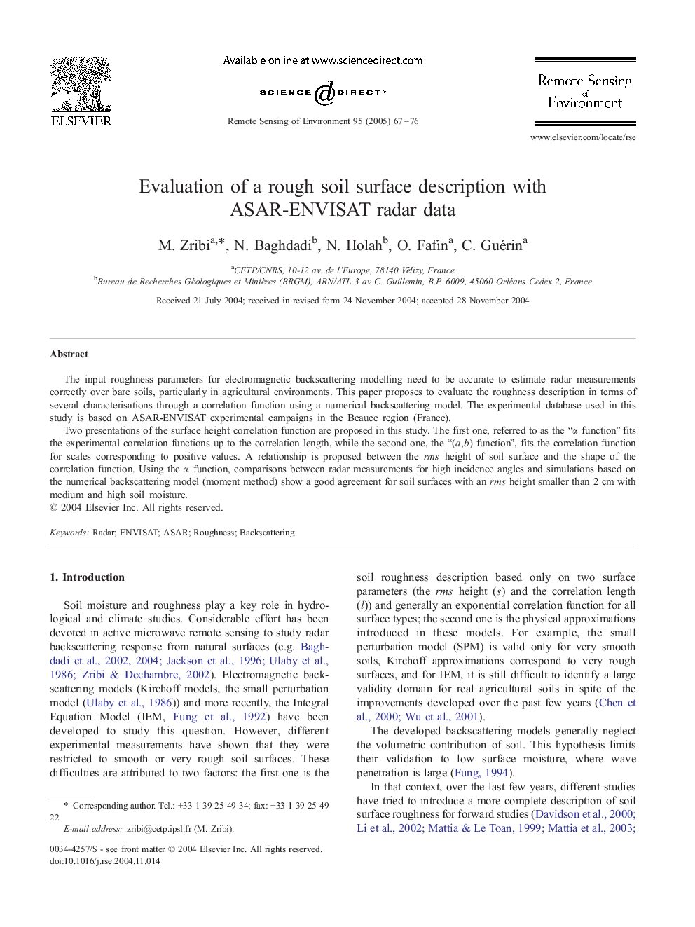 Evaluation of a rough soil surface description with ASAR-ENVISAT radar data