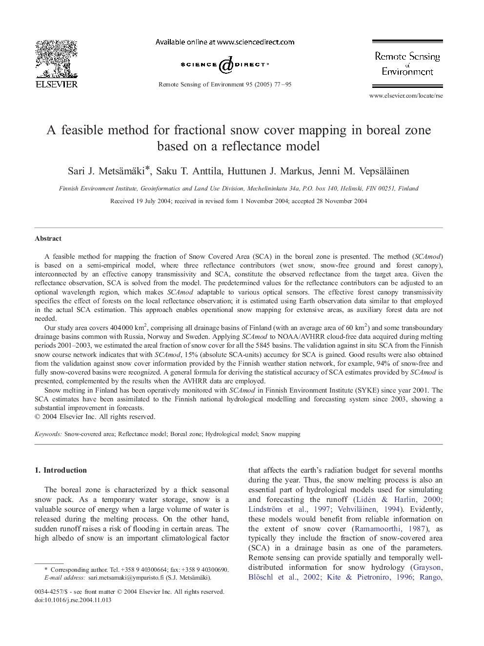 A feasible method for fractional snow cover mapping in boreal zone based on a reflectance model