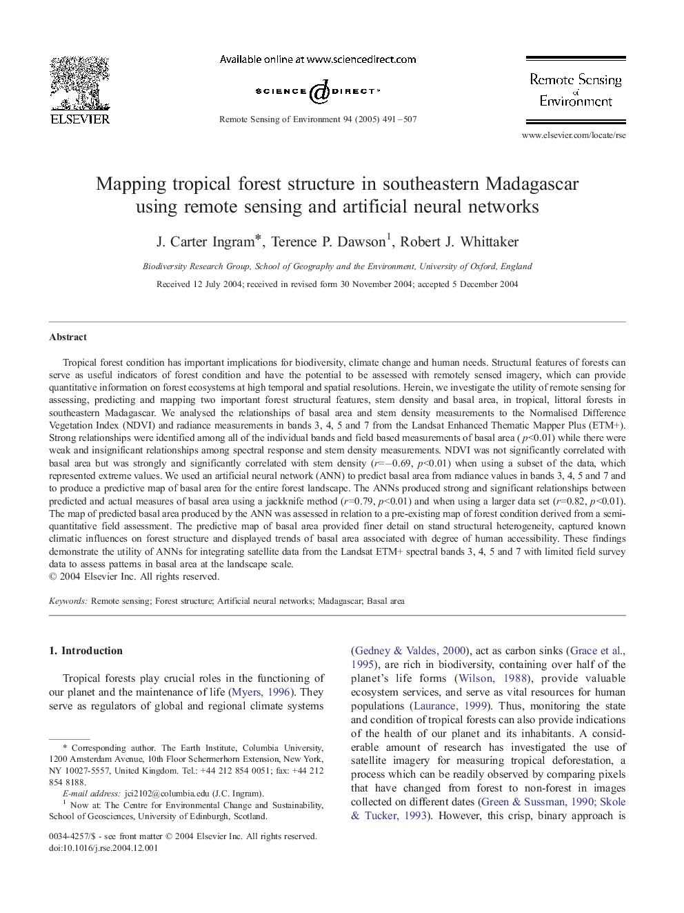 Mapping tropical forest structure in southeastern Madagascar using remote sensing and artificial neural networks