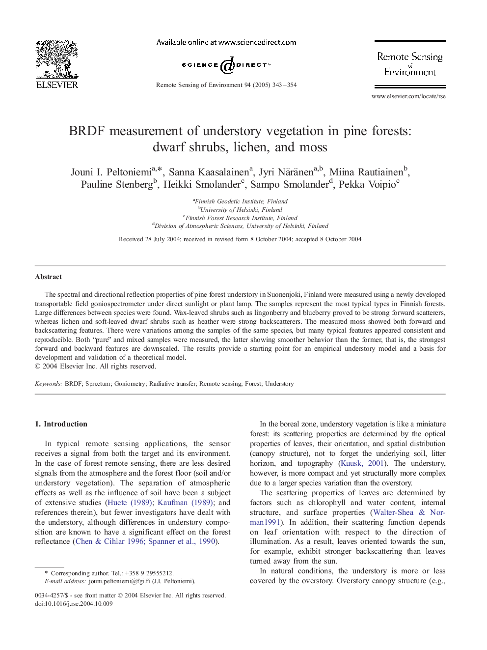 BRDF measurement of understory vegetation in pine forests: dwarf shrubs, lichen, and moss