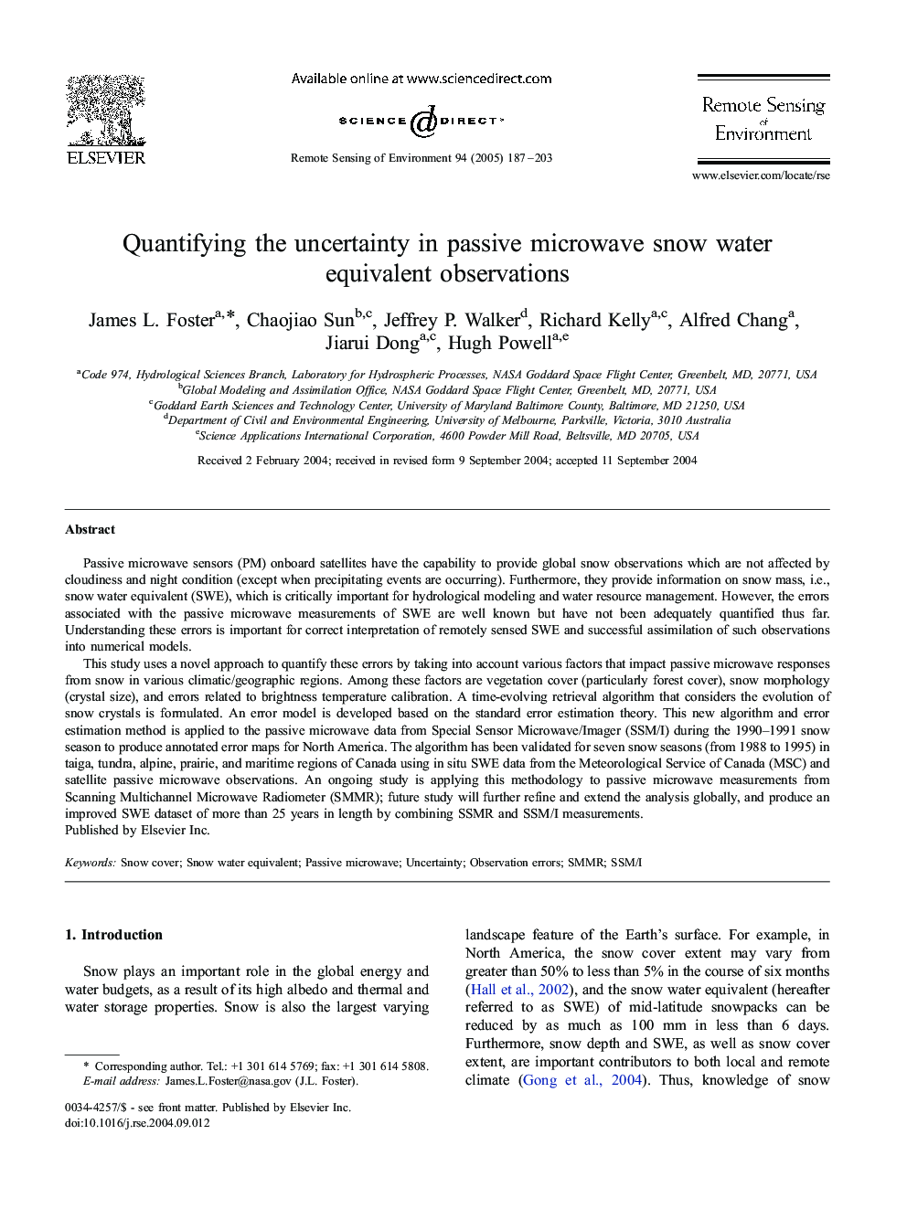 Quantifying the uncertainty in passive microwave snow water equivalent observations