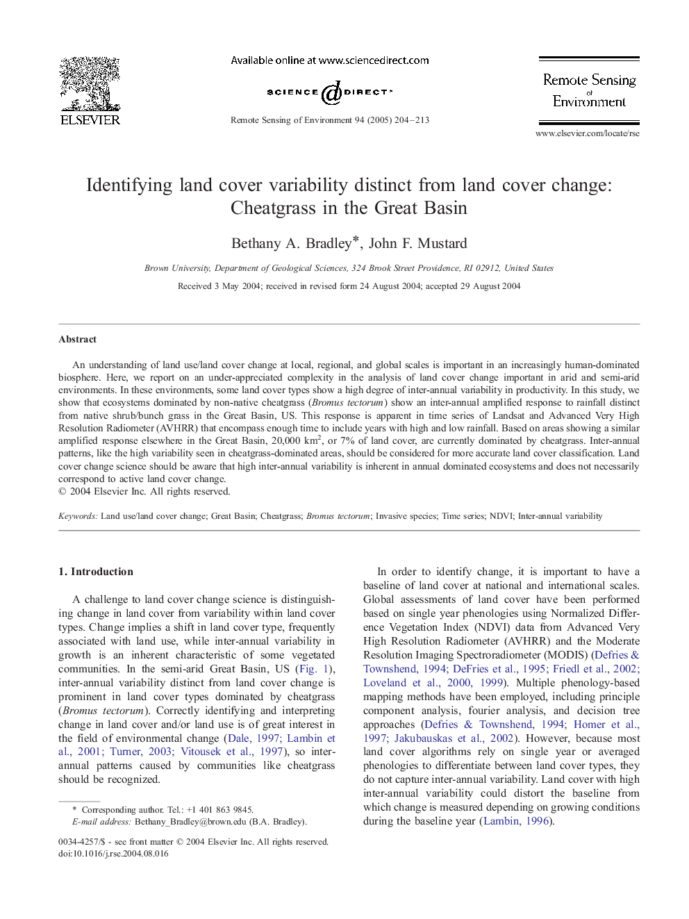 Identifying land cover variability distinct from land cover change: Cheatgrass in the Great Basin