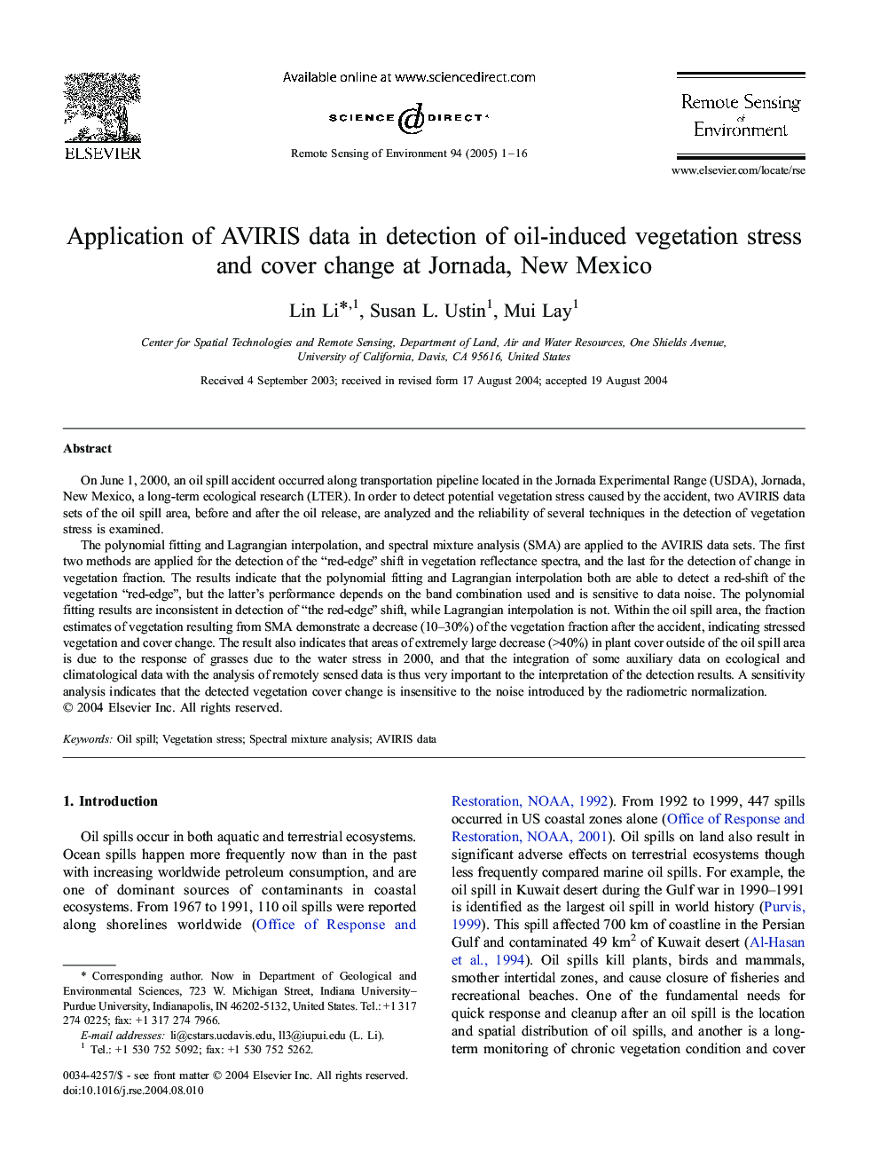 عکس صفحه اول مقاله: Application of AVIRIS data in detection of oil-induced vegetation stress and cover change at Jornada, New Mexico Application of AVIRIS data in detection of oil-induced vegetation stress and cover change at Jornada, New Mexico