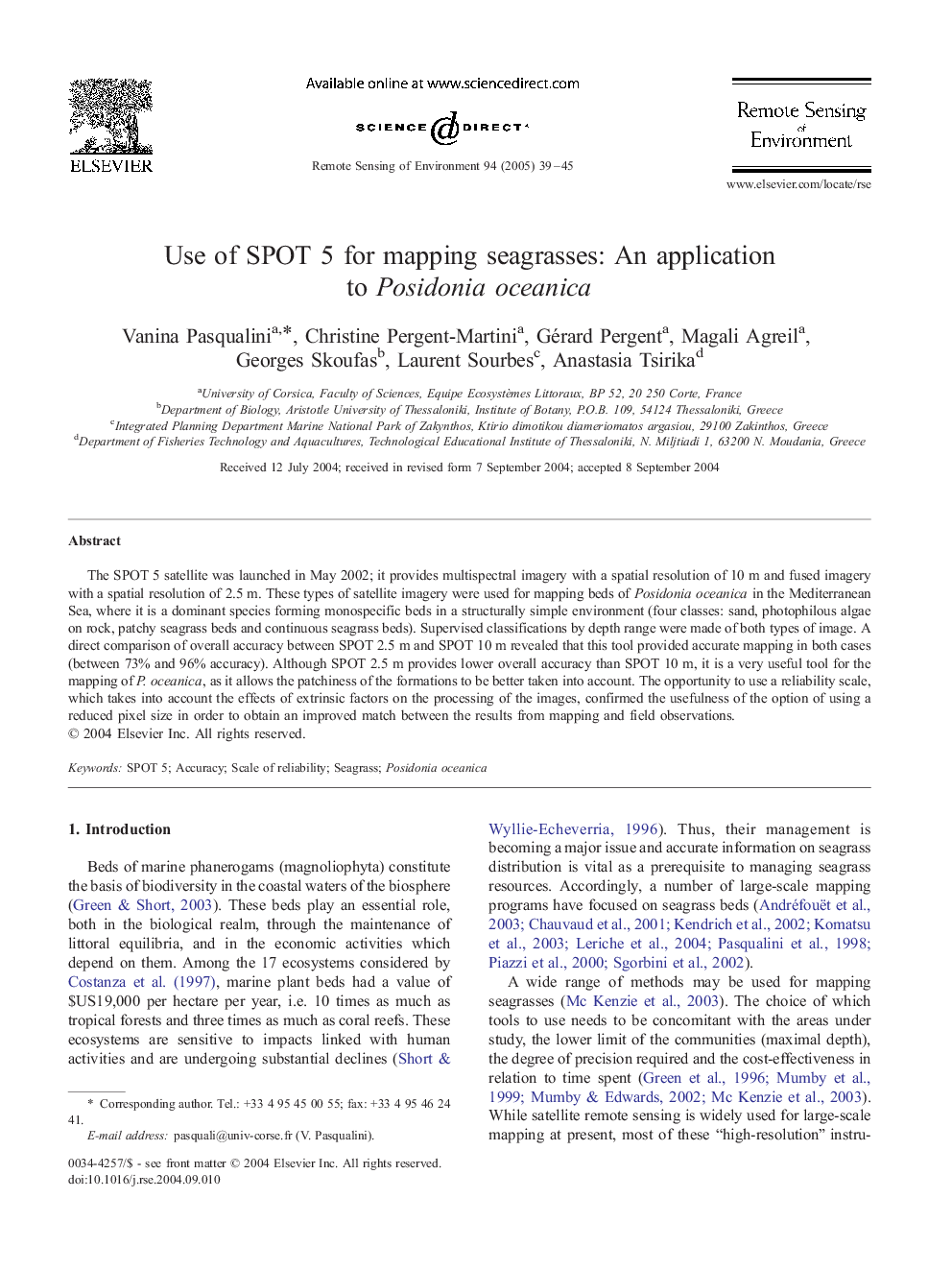 Use of SPOT 5 for mapping seagrasses: An application to Posidonia oceanica