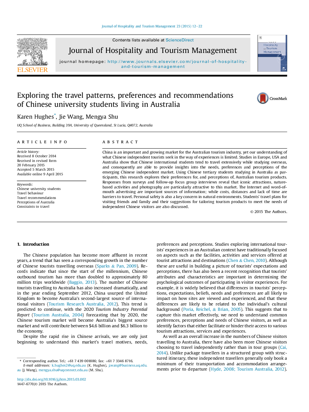 Exploring the travel patterns, preferences and recommendations of Chinese university students living in Australia