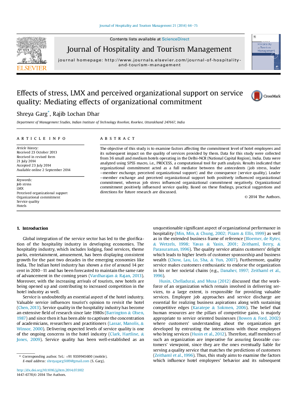 Effects of stress, LMX and perceived organizational support on service quality: Mediating effects of organizational commitment