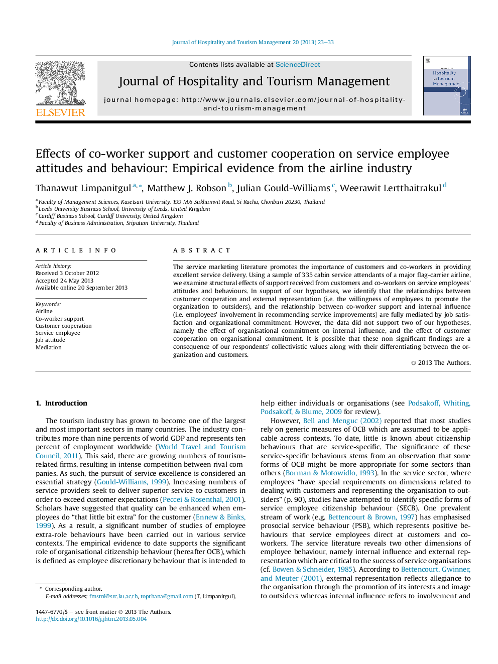 Effects of co-worker support and customer cooperation on service employee attitudes and behaviour: Empirical evidence from the airline industry