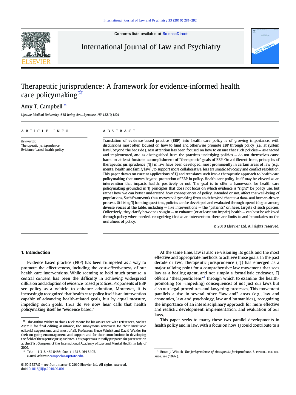 Therapeutic jurisprudence: A framework for evidence-informed health care policymaking 