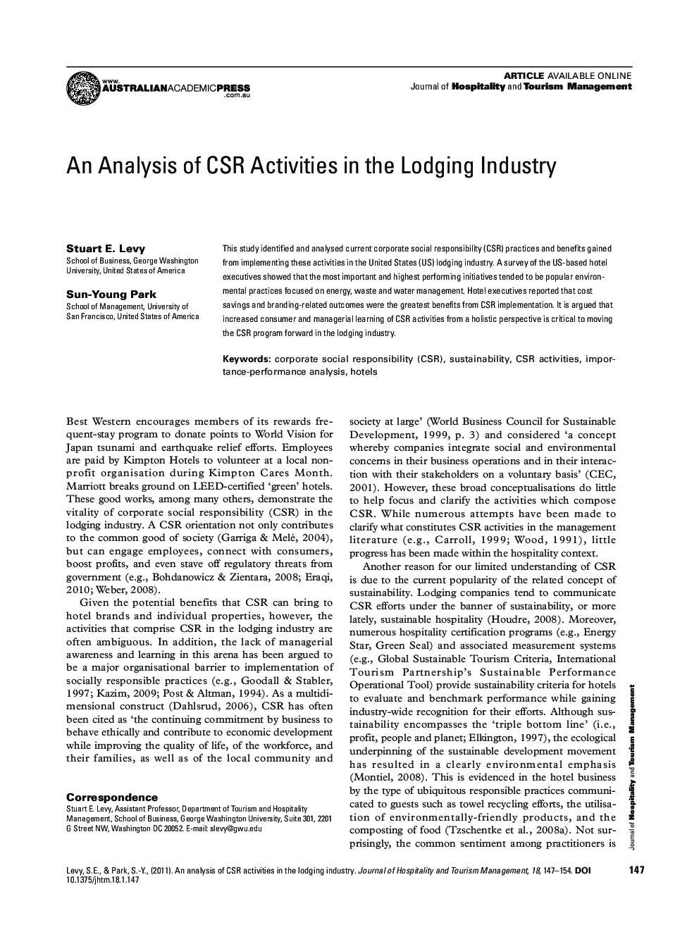 An Analysis of CSR Activities in the Lodging Industry