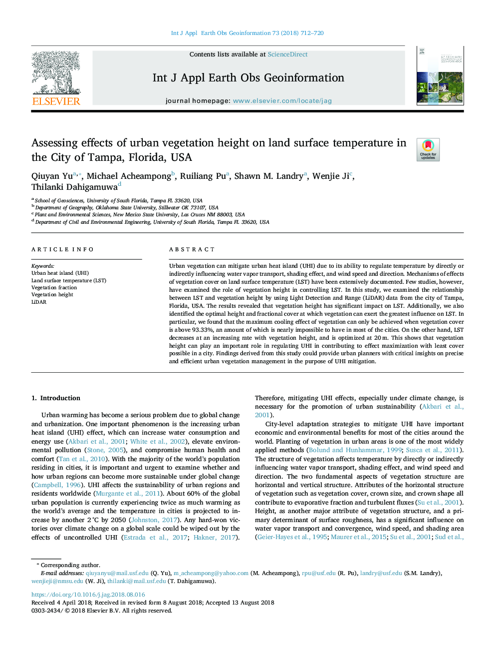 Assessing effects of urban vegetation height on land surface temperature in the City of Tampa, Florida, USA