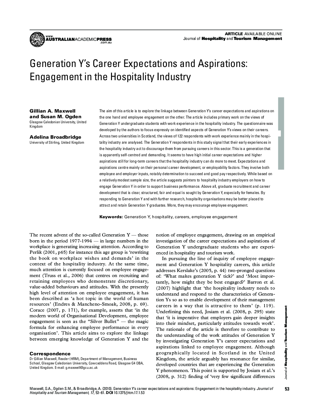 Generation Y's Career Expectations and Aspirations: Engagement in the Hospitality Industry