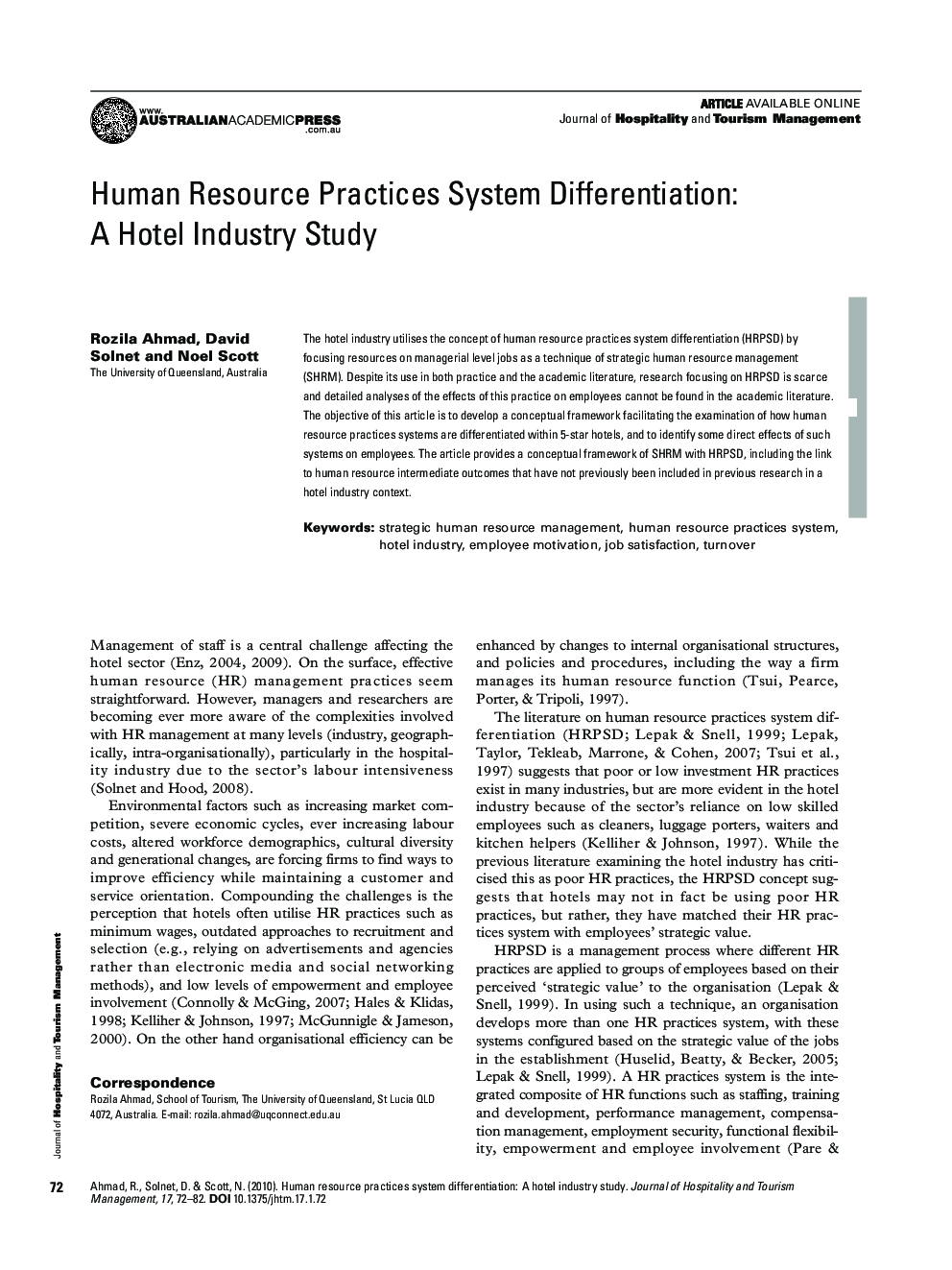 Human Resource Practices System Differentiation: A Hotel Industry Study