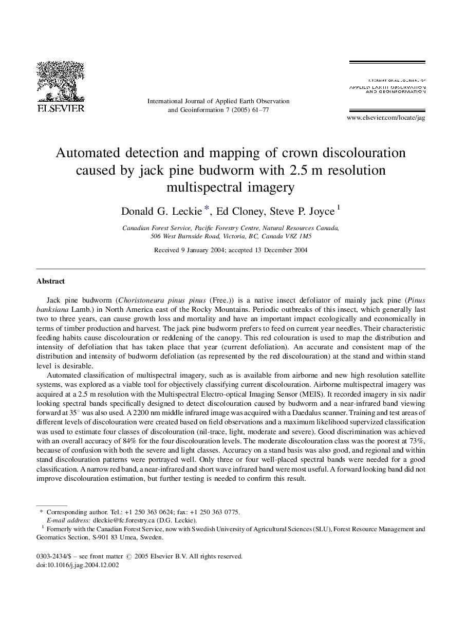 Automated detection and mapping of crown discolouration caused by jack pine budworm with 2.5Â m resolution multispectral imagery